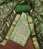 Women's green banarasi cotton digital print & hand work unstitched dress material