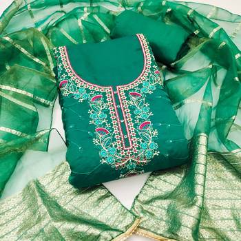 Women's green silk embroidered unstitched dress material 2