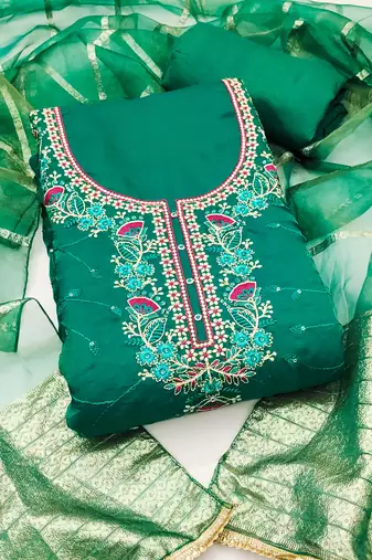Women's green silk embroidered unstitched dress material