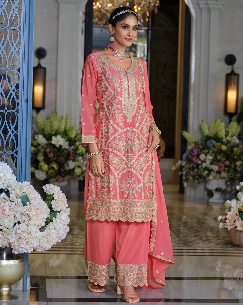 Farz  rose pink embroidered chinon kurta sets