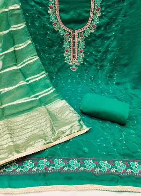 Women's green silk embroidered unstitched dress material 3