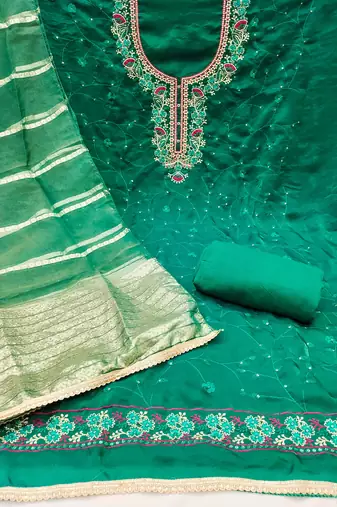 Women's green silk embroidered unstitched dress material