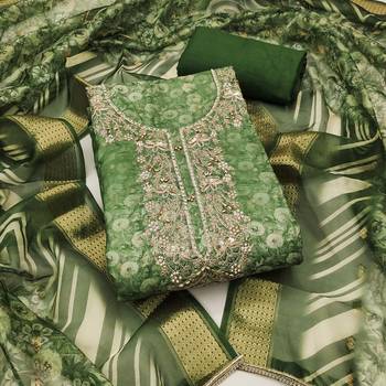 Women's green banarasi cotton digital print & hand work unstitched dress material 2