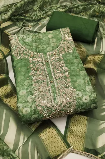Women's green banarasi cotton digital print & hand work unstitched dress material