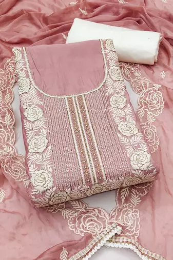 Women's mauve premium roman cotton embroidered handwork unstitched dress material