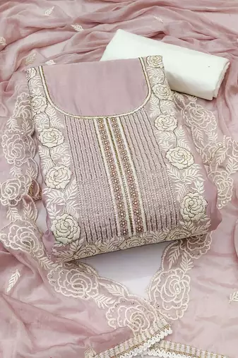 Women's onion premium roman cotton embroidered handwork unstitched dress material