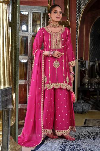 Triyaksha rani pink embroidered chinon kurta sets