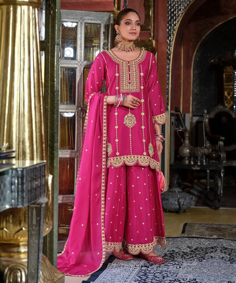 Triyaksha rani pink embroidered chinon kurta sets