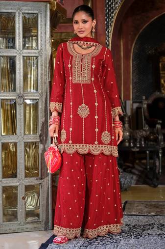 Triyaksha sindoori red embroidered chinon kurta sets