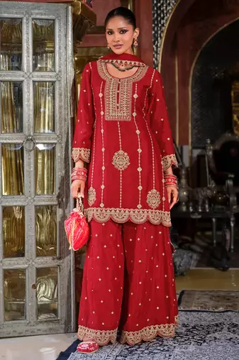 Triyaksha sindoori red embroidered chinon kurta sets