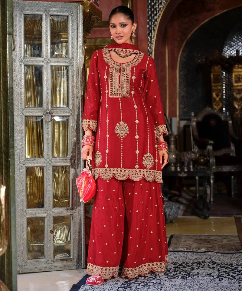 Triyaksha sindoori red embroidered chinon kurta sets