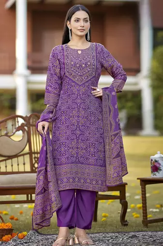 Malti grape light purple embroidered blended kurta sets