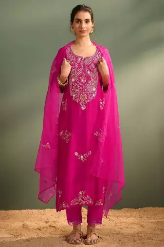 Ira rose pink embroidered art silk kurta sets