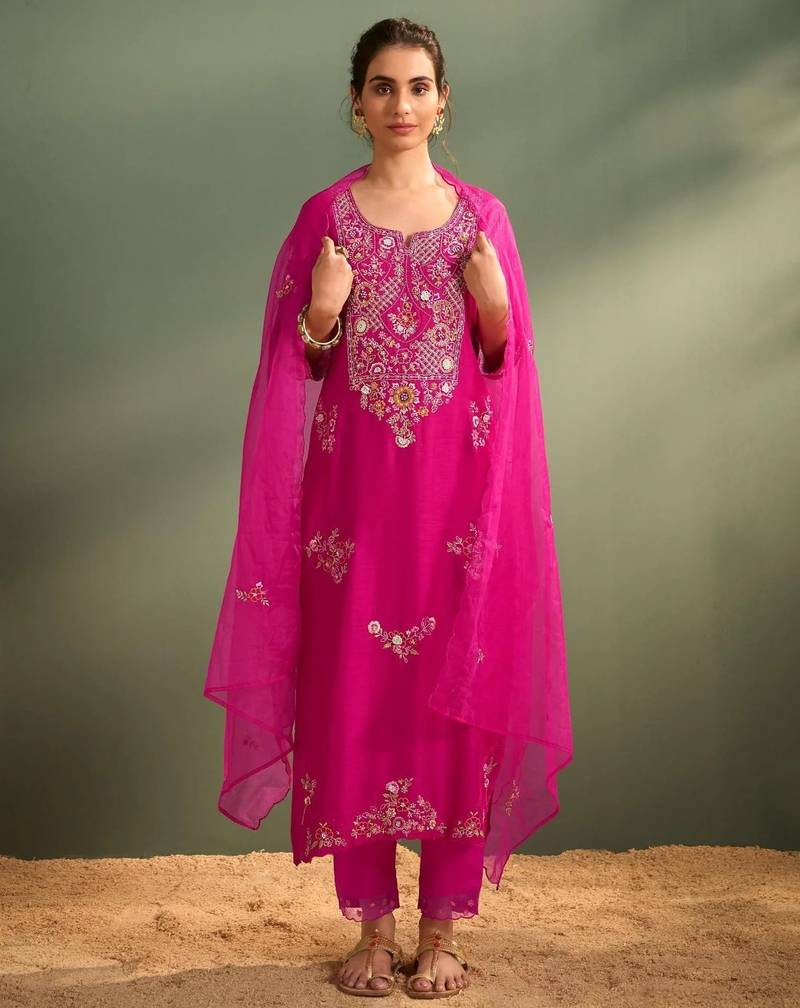 Ira rose pink embroidered art silk kurta sets