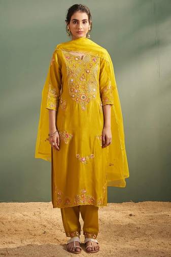 Ira amber light yellow embroidered art silk kurta sets