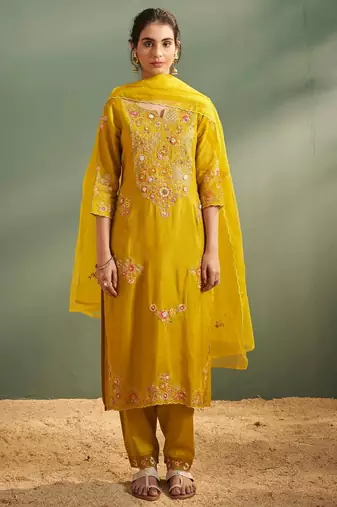 Ira amber light yellow embroidered art silk kurta sets