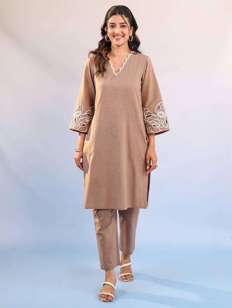 Purna coffee brown plain cotton kurta sets