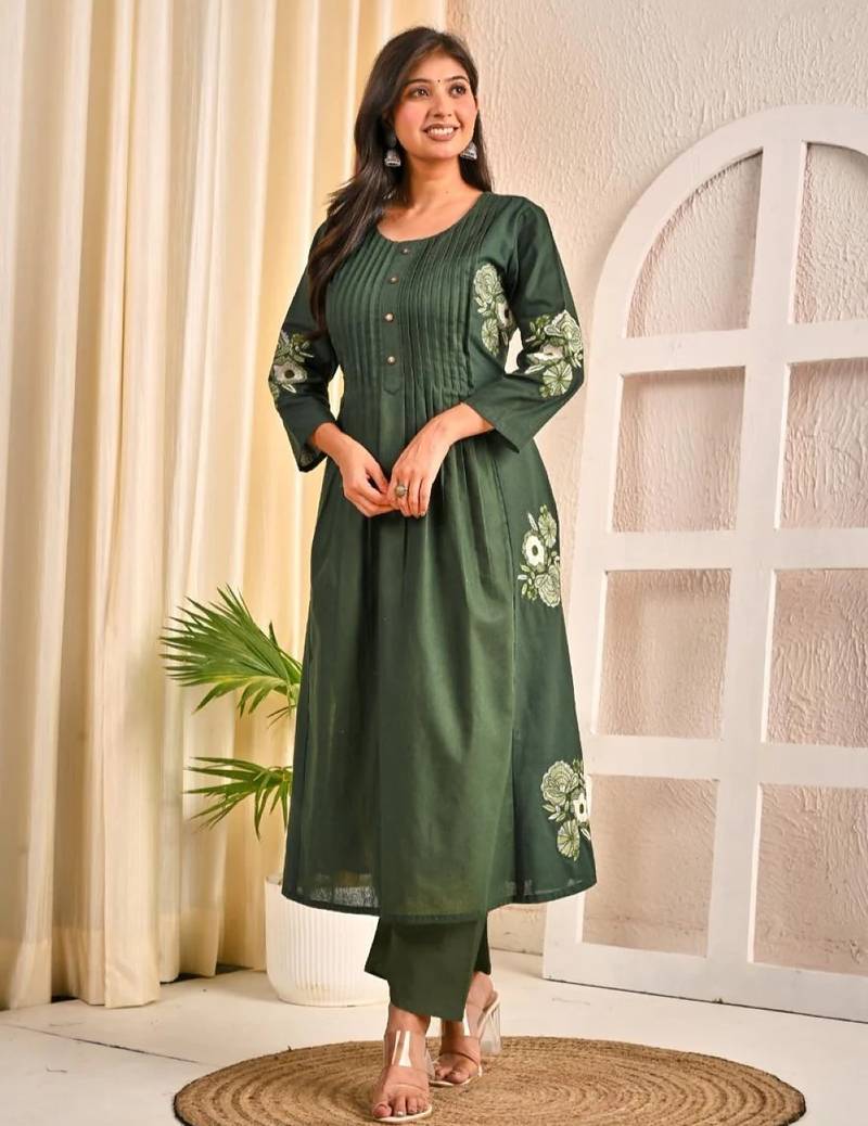 Sarvari olive olive plain cotton kurta sets