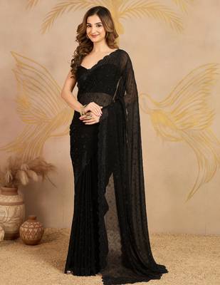Black Georgette swarovski work Saree with Unstitched Blouse Piece 1