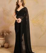 Trendmalls Black Georgette swarovski work Saree with Unstitched Blouse Piece