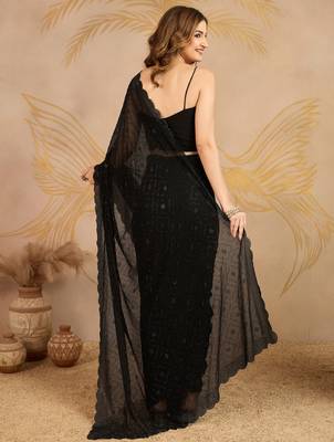 Black Georgette swarovski work Saree with Unstitched Blouse Piece 2