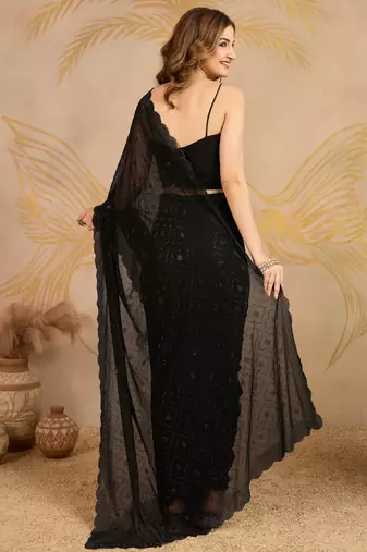 Trendmalls Black Georgette swarovski work Saree with Unstitched Blouse Piece