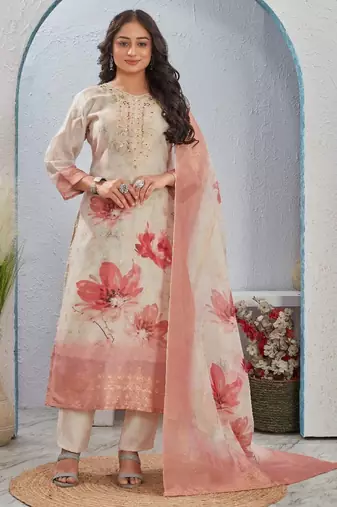 Rekha stone dark beige printed blended kurta sets