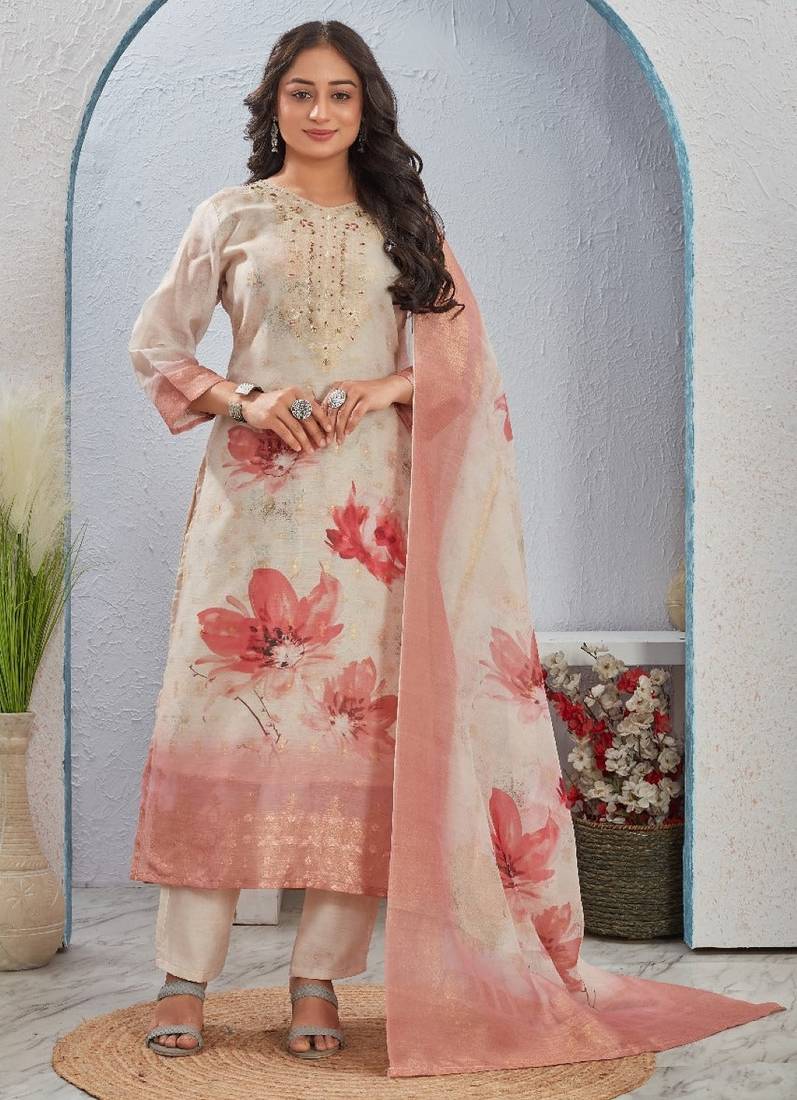 Rekha stone dark beige printed blended kurta sets