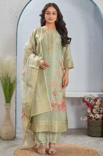 Rekha sage green printed blended kurta sets