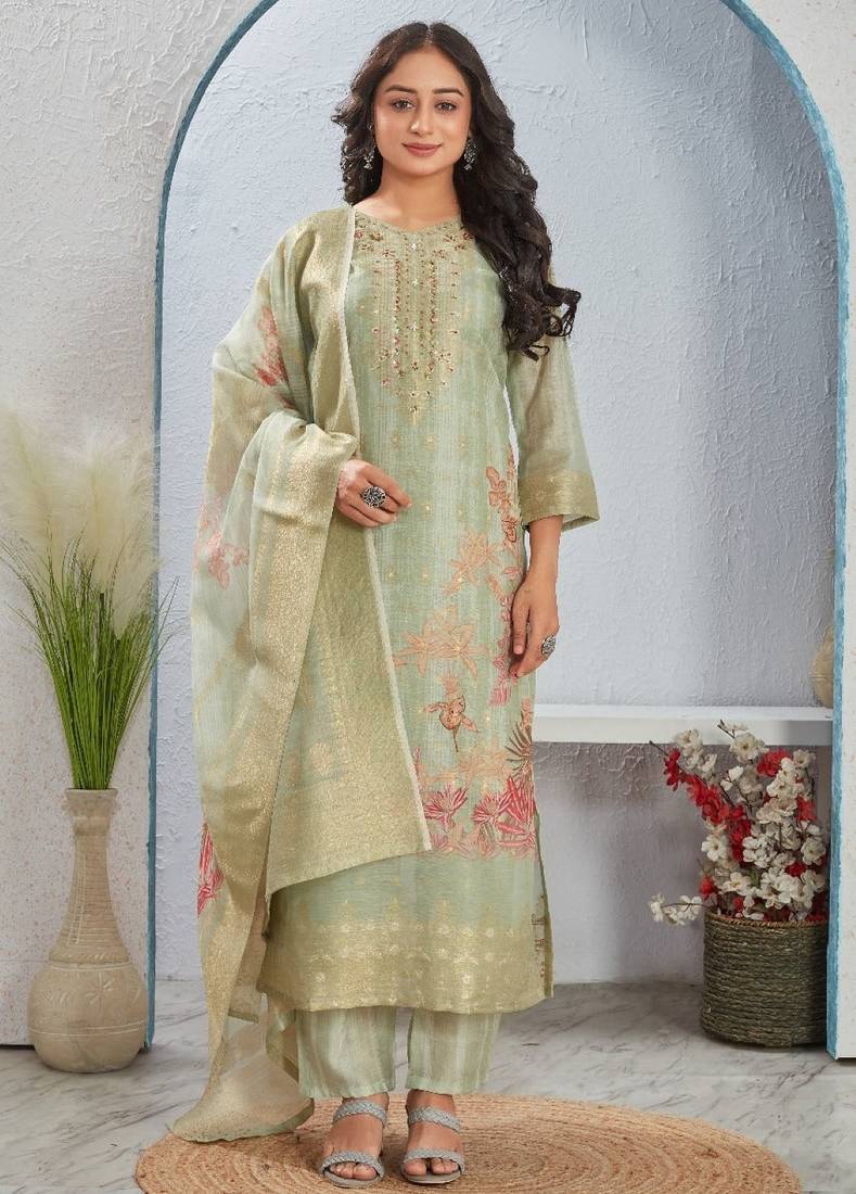 Rekha sage green printed blended kurta sets
