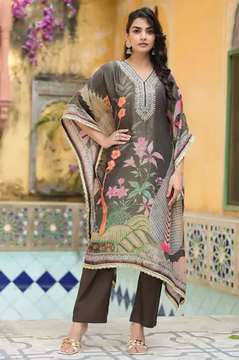 Pavitra hemlock dark grey printed blended kurta sets
