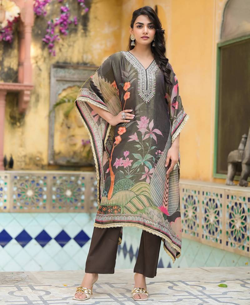 Pavitra hemlock dark grey printed blended kurta sets