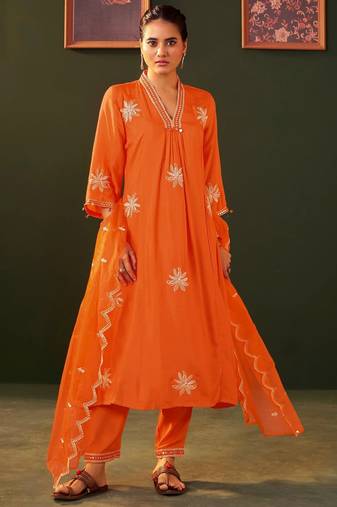 Ira tango orange embroidered blended kurta sets