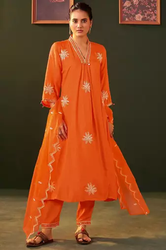 Ira tango orange embroidered blended kurta sets