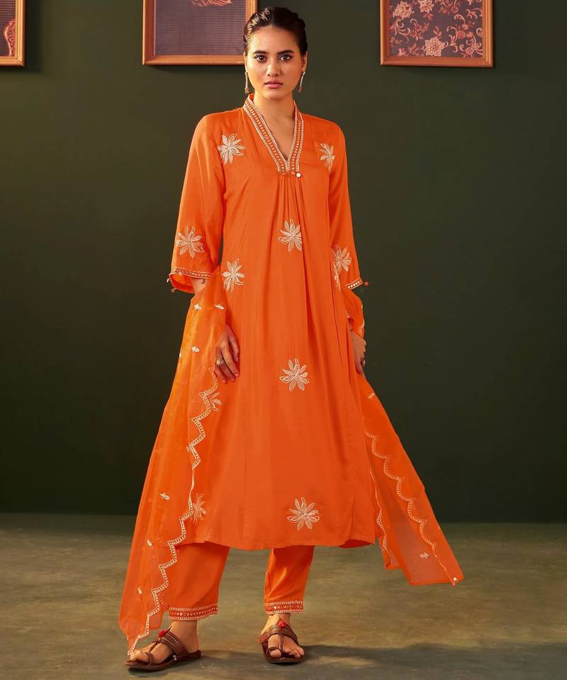 Ira tango orange embroidered blended kurta sets