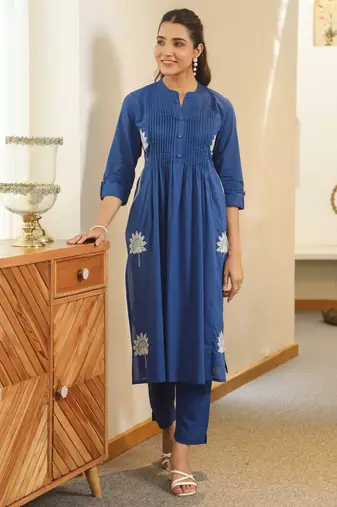 Nabha indi blue embroidered cotton kurta sets