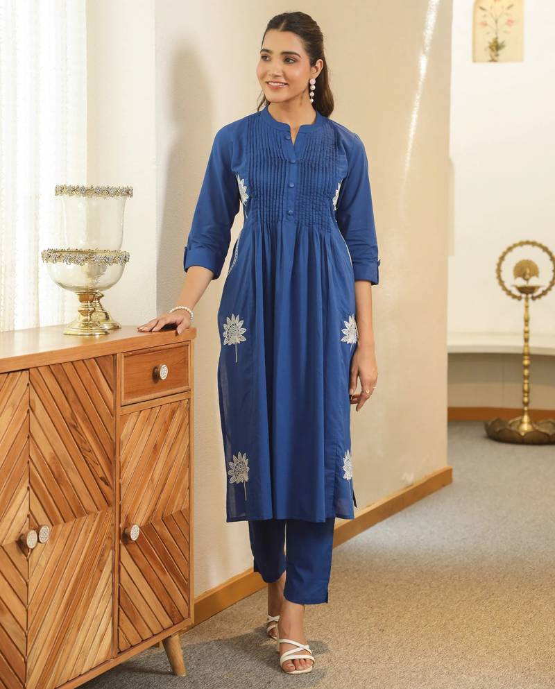 Nabha indi blue embroidered cotton kurta sets