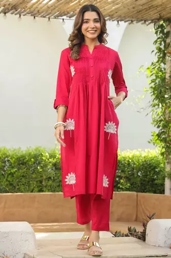 Nabha rose red embroidered cotton kurta sets