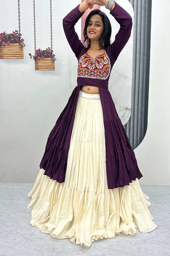 purple navratri kutchi embroidery work kurti with lehenga