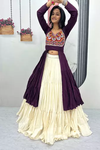 purple navratri kutchi embroidery work kurti with lehenga