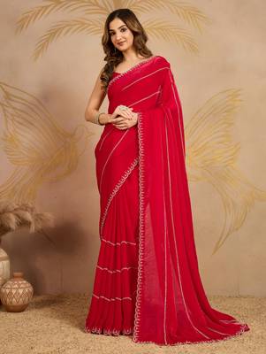 Red Satin Zarkan swarovski work Saree with Unstitched Blouse Piece 1