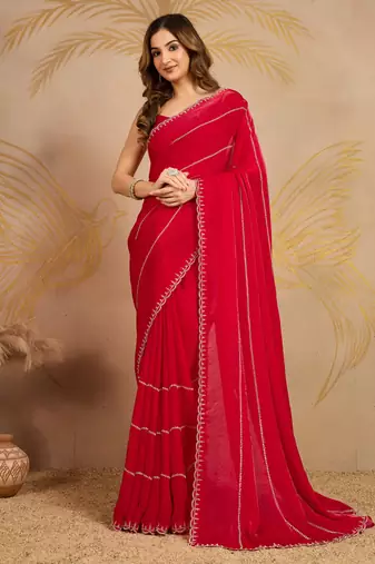 Red Satin Zarkan Siroski work Saree with Unstitched Blouse Piece