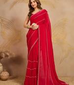 Trendmalls Red Satin Zarkan swarovski work Saree with Unstitched Blouse Piece