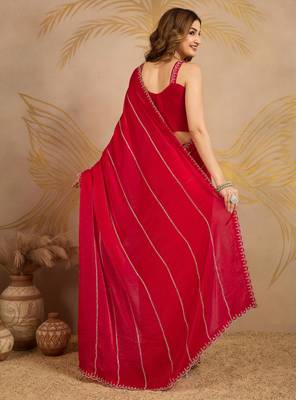 Red Satin Zarkan swarovski work Saree with Unstitched Blouse Piece 2