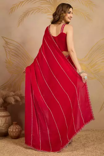 Trendmalls Red Satin Zarkan swarovski work Saree with Unstitched Blouse Piece