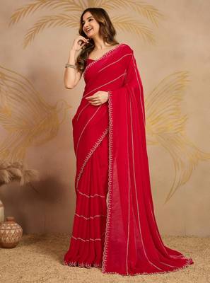 Red Satin Zarkan swarovski work Saree with Unstitched Blouse Piece 4