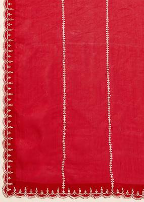 Red Satin Zarkan swarovski work Saree with Unstitched Blouse Piece 5