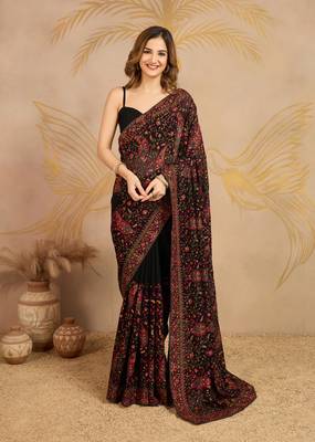 Black Georgette Multi Resham Thread Embroidered Saree with Unstitched Blouse 1