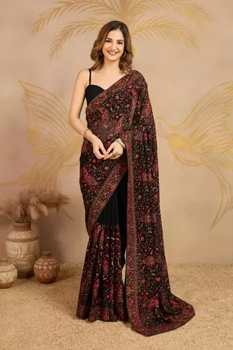 Black Georgette Multi Resham Thread Embroidered Saree with Unstitched Blouse