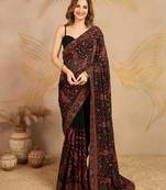 Trendmalls Trendmalls Black Georgette Multi Resham Thread Embroidered Saree with Unstitched Blouse